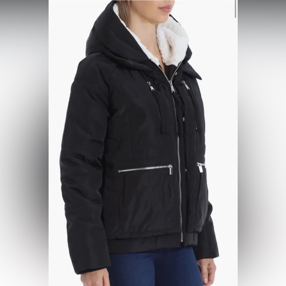 NWT Avec Les Filles Black Puffer w/Faux Shearling Lined Hood Jacket Women’s Med - Picture 2 of 12